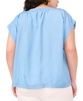Plus Size Shirred Split-Neck Peasant Top