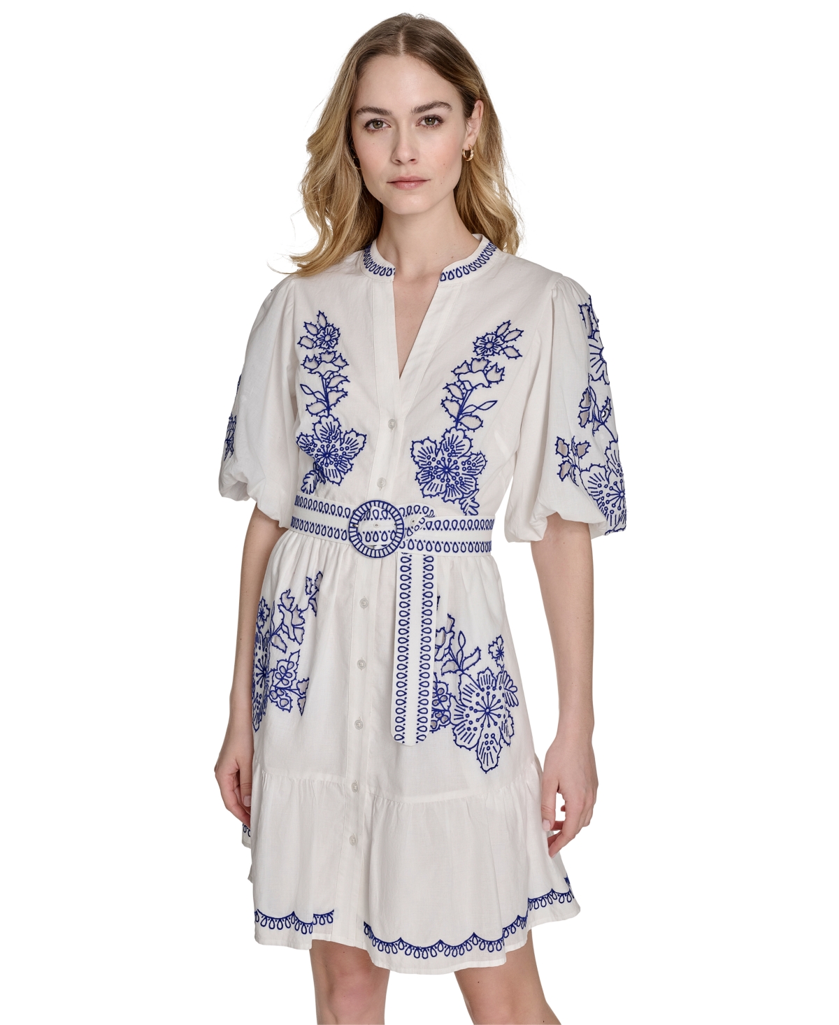 Shop Eliza J Petite Embroidered Belted Button-front Cotton Dress