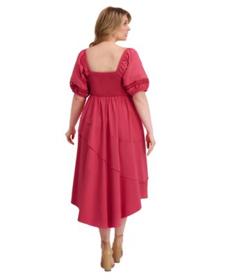 Plus Size Puff-Sleeve Asymmetric-Hem Midi Dress
