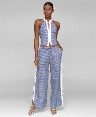 Avec Les Filles Womens Mandarin Collar Halter Top Side Tie Straight Leg Pants