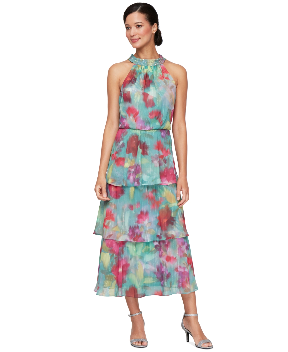 Women's Floral Tiered Halter-Neck Tea Dress - Pink Multi