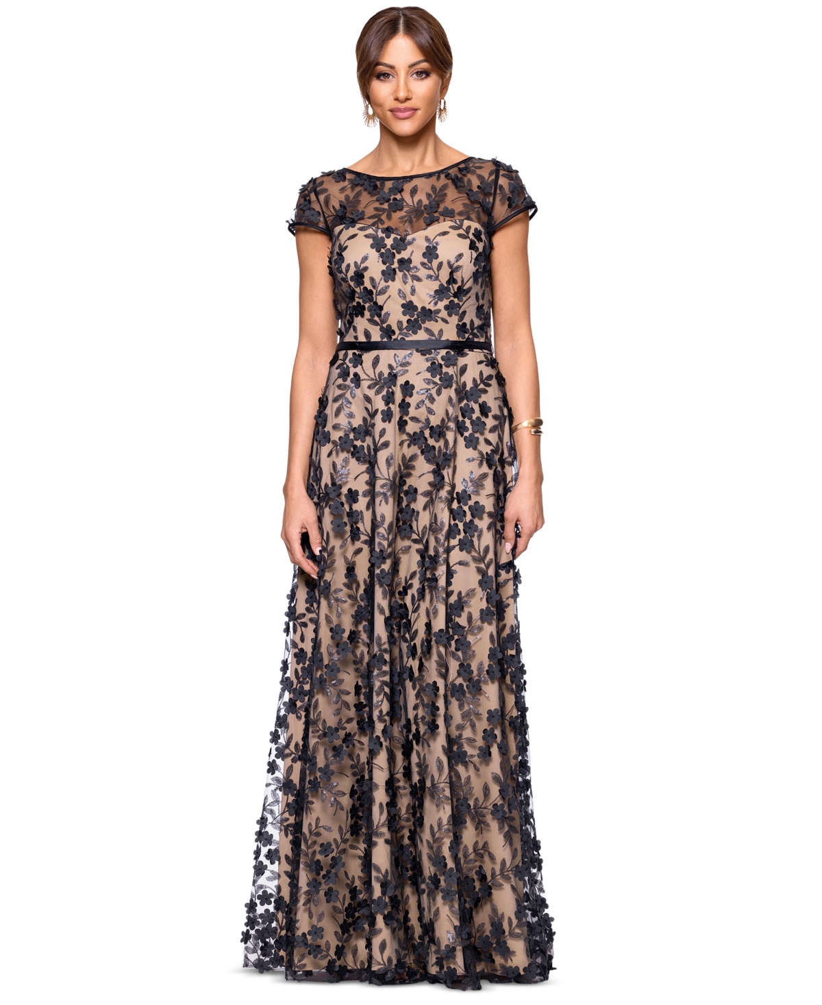 Women's Boat-Neck Cap-Sleeve 3D-Rosette Gown - Black/Nude