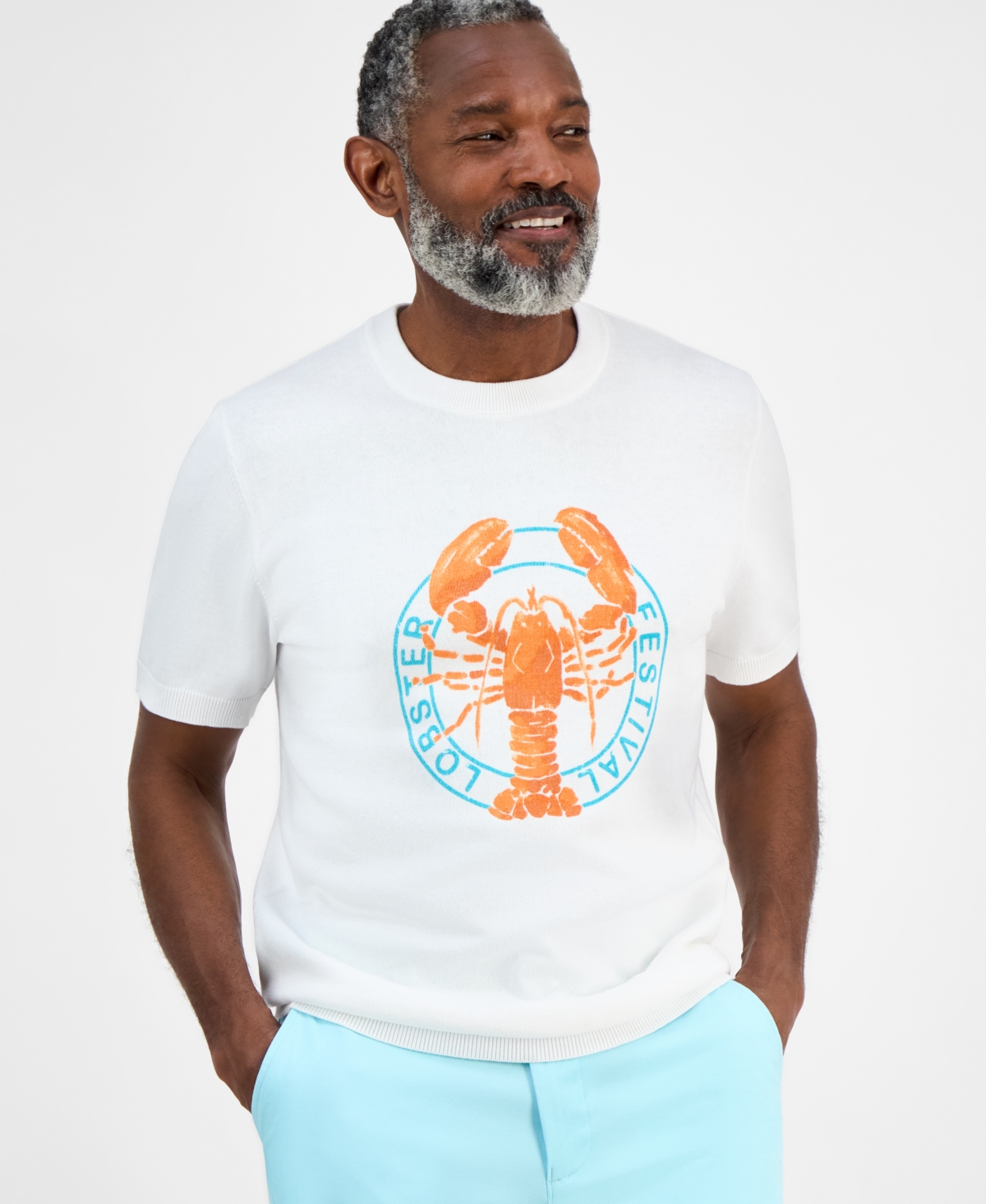 Men's Short-Sleeve Lobster Water Cotton Sweater T-Shirt, Exclusively at Macy's - White