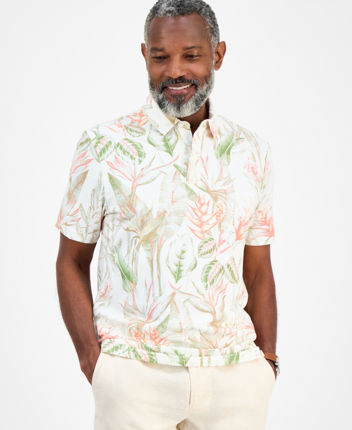 Men's Hero Short Sleeve Leaf Print Polo Shirt, Exclusively at Macy's - White