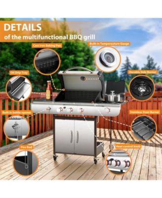 BBQ Gas Propane Grill 3 Burner Cast Iron Flat Grill Griddle Combo with Side Burner Stainless Steel 34000 BTU for Outdoor Cooking Backyard Barbecue