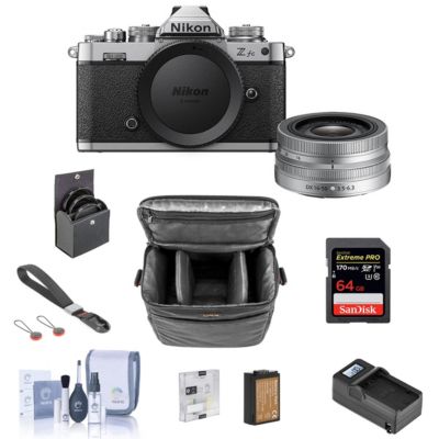 Z fc DX-Format Mirrorless Digital Camera with 16-50mm f/3.5-6.3 VR Lens Bundle with 64GB SD Card, Bag, Wrist Strap, Extra Battery, Charger