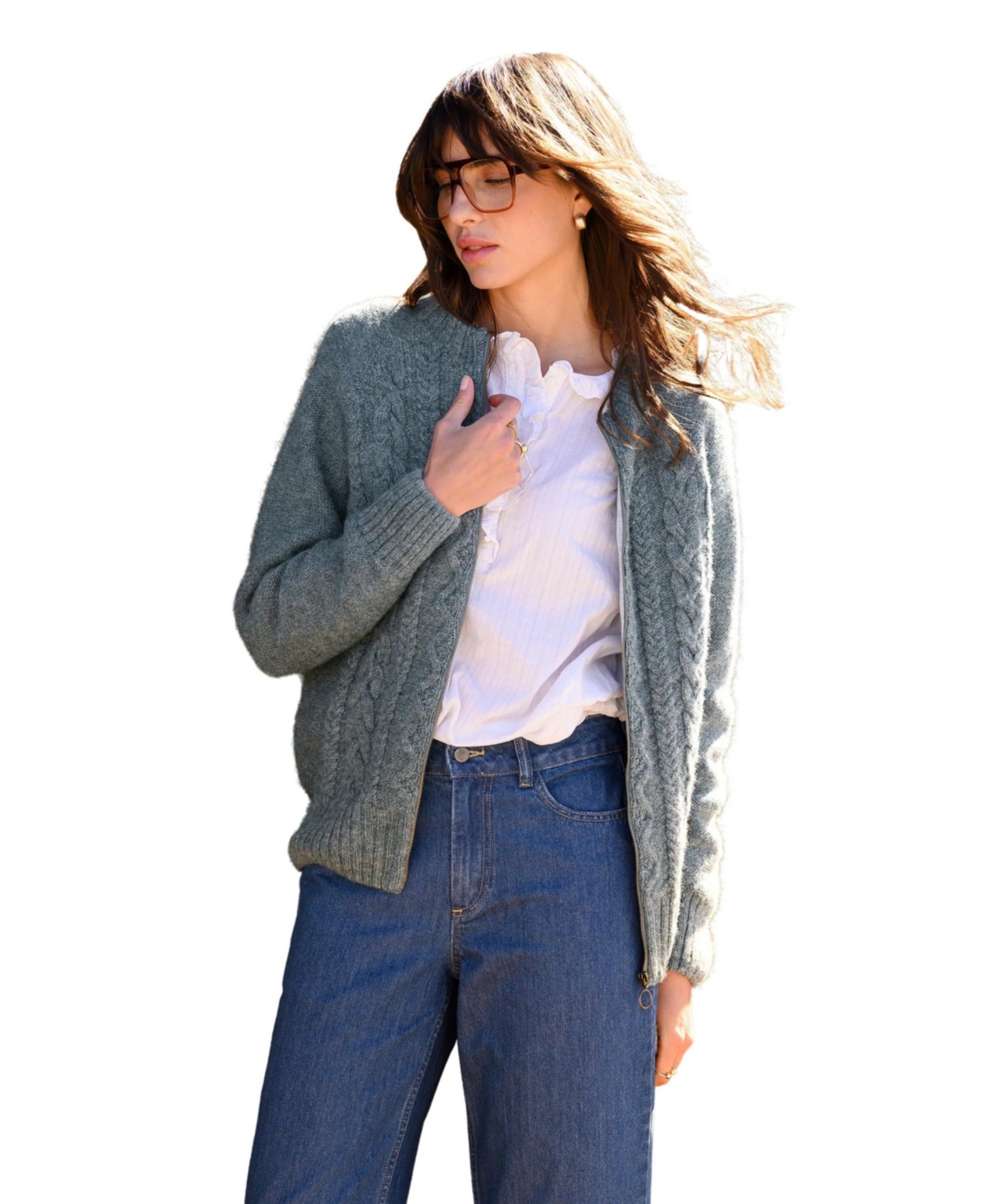 Women's Wool Zip Cardigan with Cable Knit - Skylight
