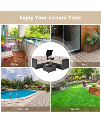 4PCS Outdoor Patio Rattan Furniture Set Cushioned Loveseat Storage Table