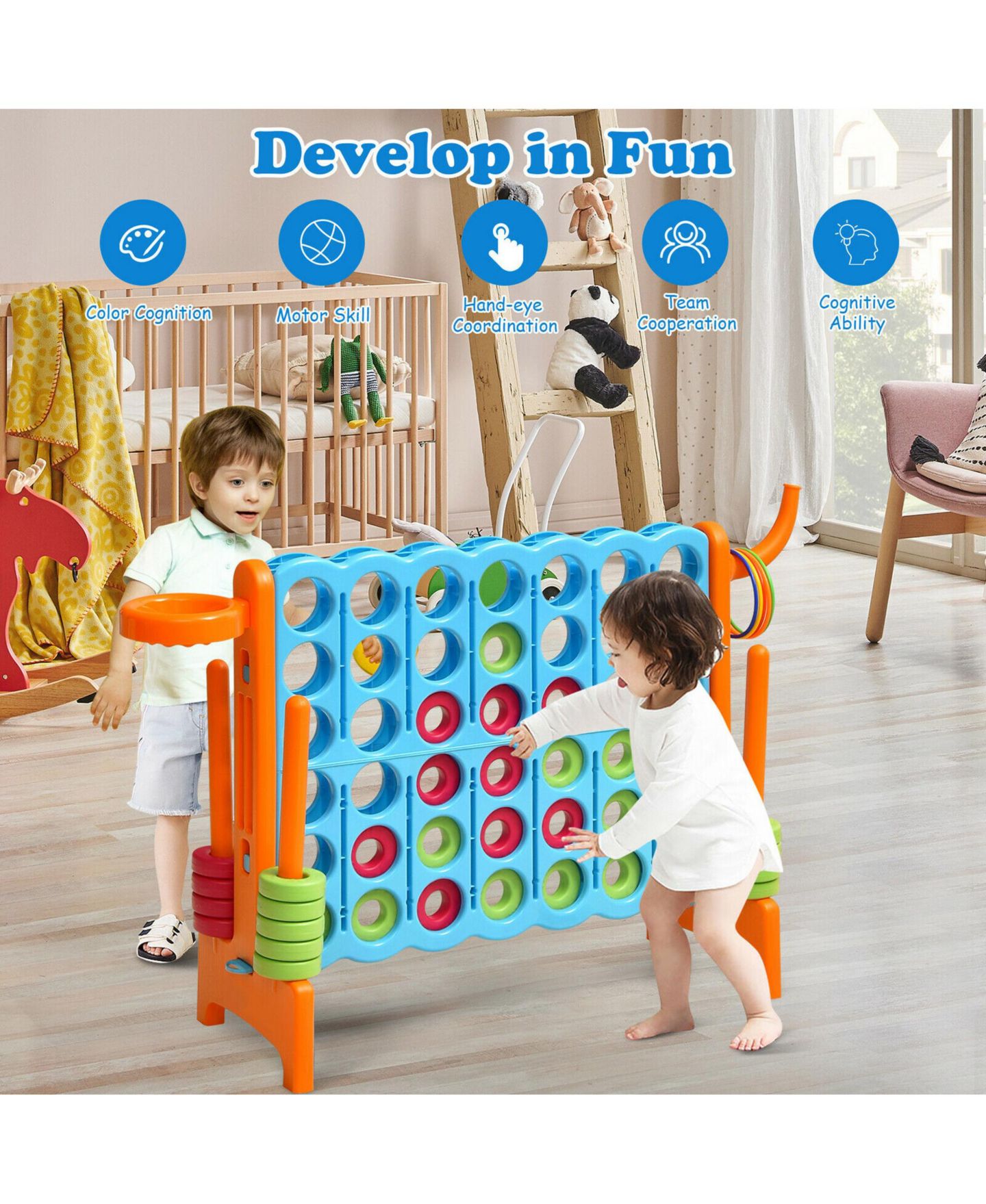 Детские игрушки Gymax 2.5Ft 4-to-Score Giant Game Set Basketball Hoop Ring Game Indoor and Outdoor, цвет: Оранжевый — фото 3