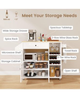 Rolling Kitchen Island Cart with Drop Leaf, Power Strip & Adjustable Shelf – Portable Prep Station