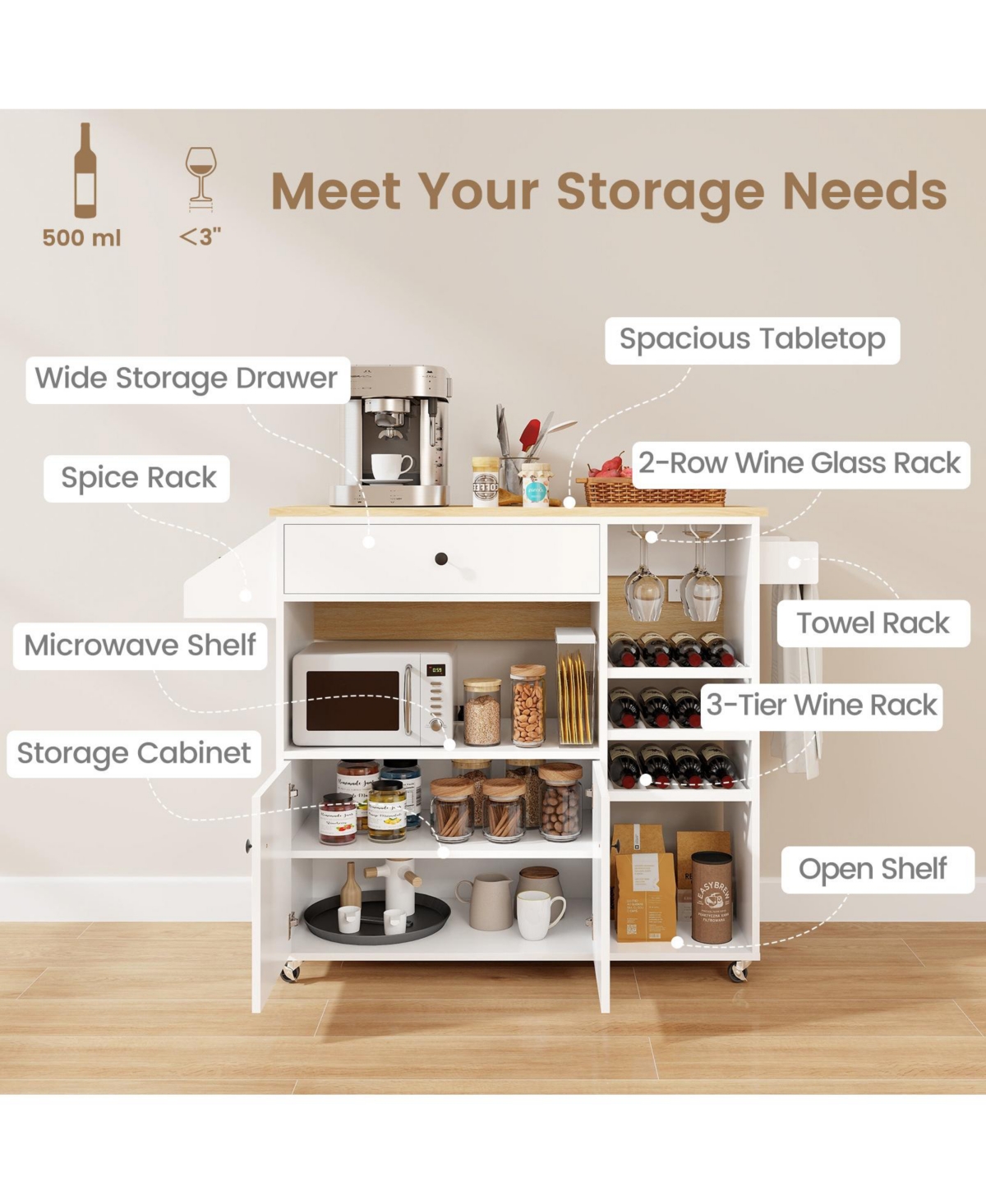 Rolling Kitchen Island Cart with Drop Leaf, Power Strip & Adjustable Shelf – Portable Prep Station