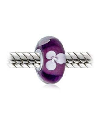Set of 4 White Purple Flower Murano Glass Spacer Charm Bead Sterling Silver Core