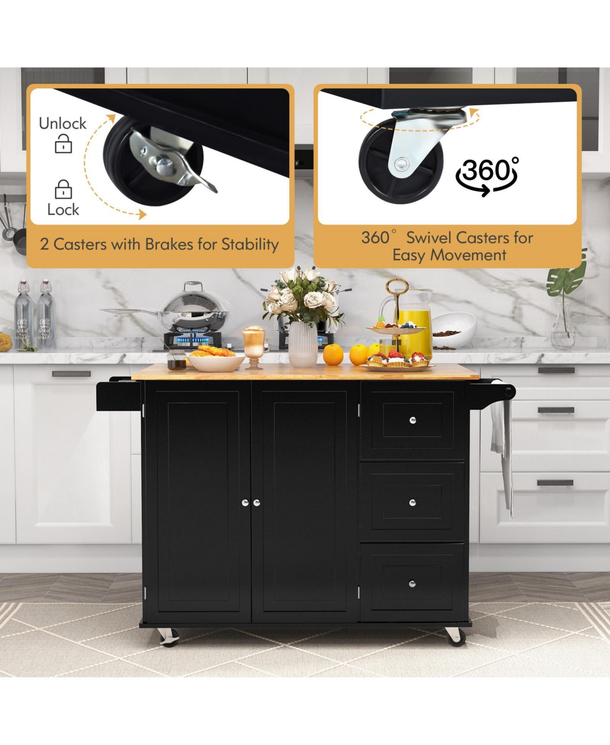 Kitchen Island Trolley Cart with Drop-Leaf Tabletop and Storage Cabinet – Space-Saving Rolling Cart for Cooking Prep