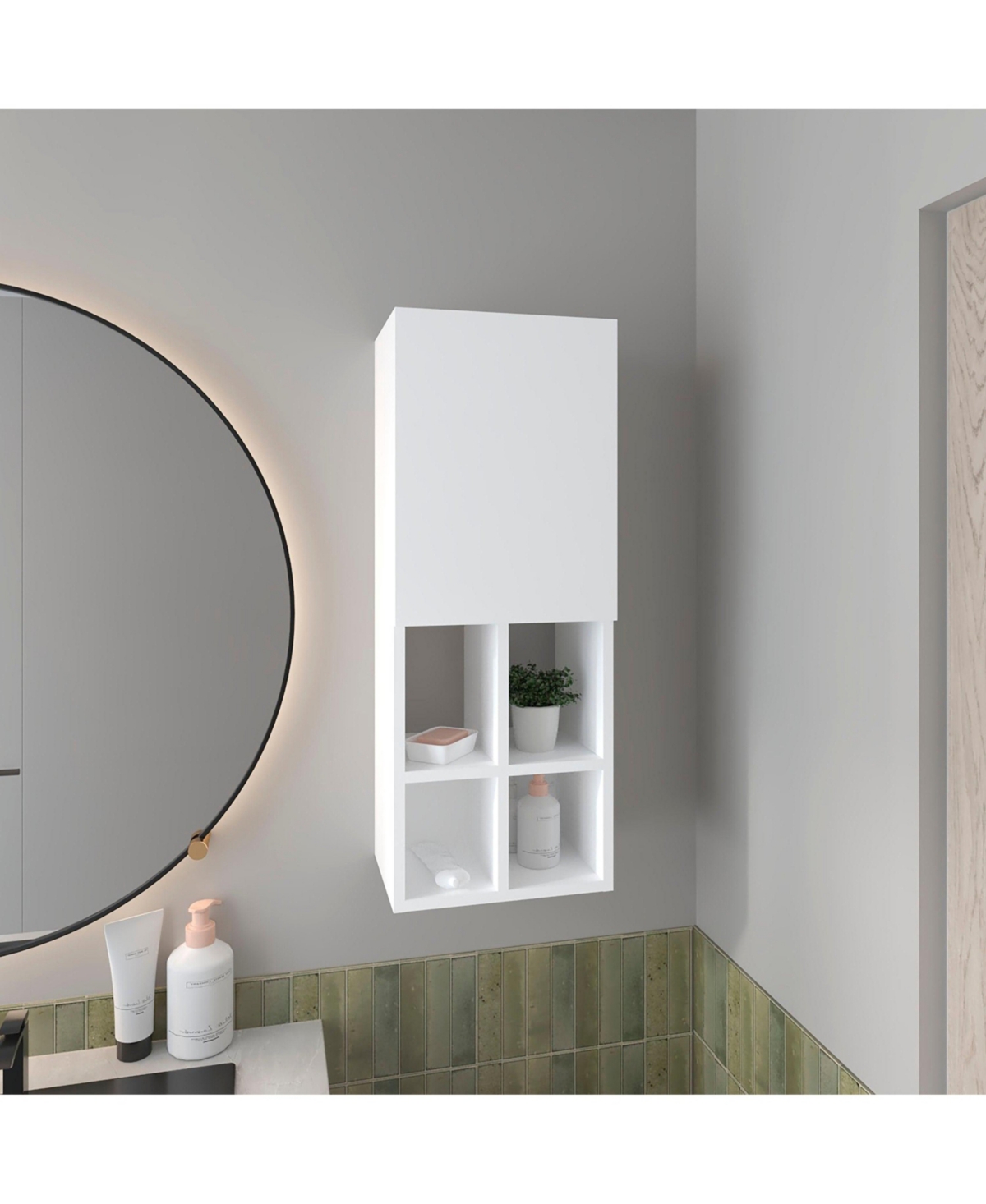 Wall-Mounted Bathroom Cabinet with Door and 4 Open Shelves, White Finish - White