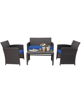 4PCS Patio Rattan Furniture Set Cushioned Chair Sofa Coffee Table