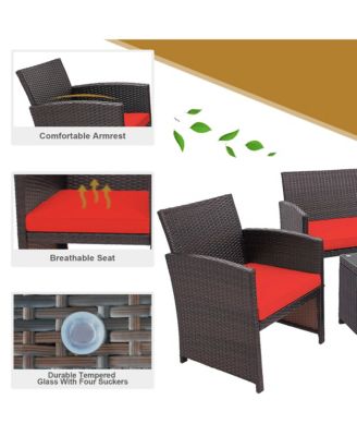 4PCS Patio Rattan Furniture Set Cushioned Chair Sofa Coffee Table