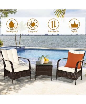 3 PCS Patio Wicker Rattan Furniture Set Coffee Table & 2 Rattan Chair