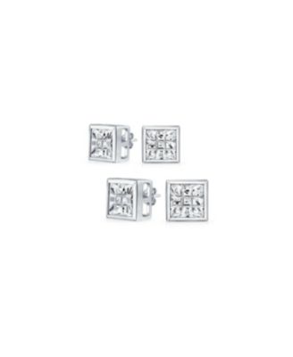 Set of 2 Square Black Clear Cubic Zirconia Stud Earrings Silver 5MM & 6MM