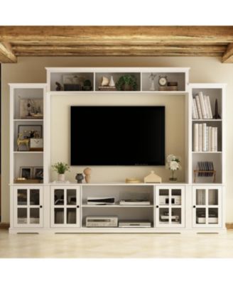 TV stand with top, left and right cabinets, multi-purpose media wooden console, entertainment center with tempered glass