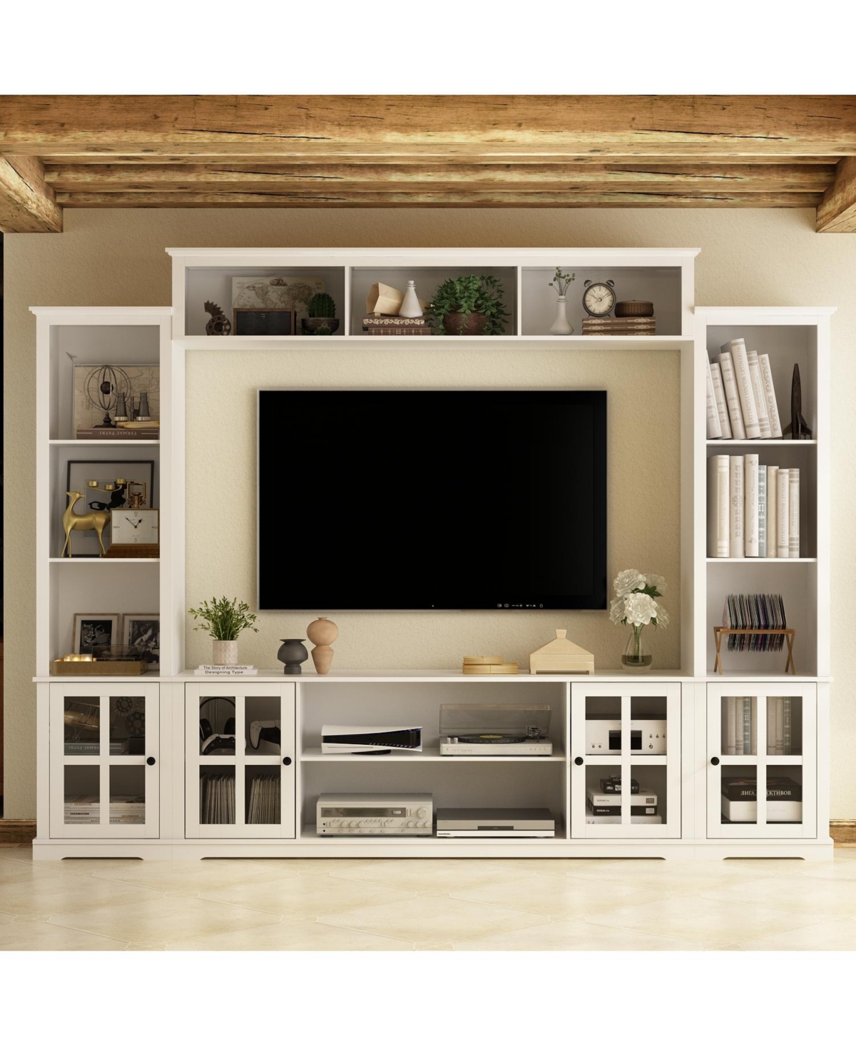 Grey Tv stand with top, left and right cabinets, multi-purpose media wooden console, entertainment center with tempered glass