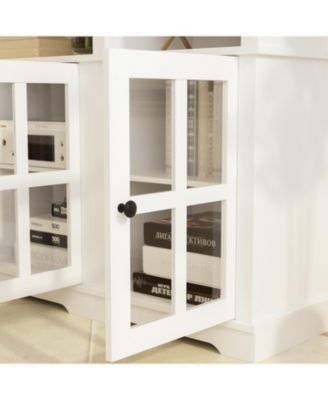 TV stand with top, left and right cabinets, multi-purpose media wooden console, entertainment center with tempered glass
