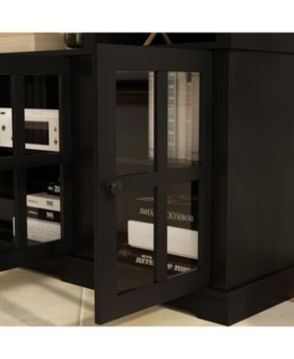 TV stand with top, left and right cabinets, multi-purpose media wooden console, entertainment center with tempered glass