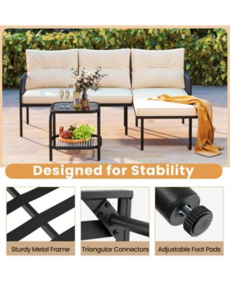 3-Piece L Shaped Patio Furniture Set w/Tempered Glass Table Back & Seat Cushions