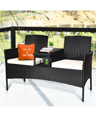 Patio Rattan Conversation Set Seat Sofa Cushioned Loveseat Glass Table Chairs