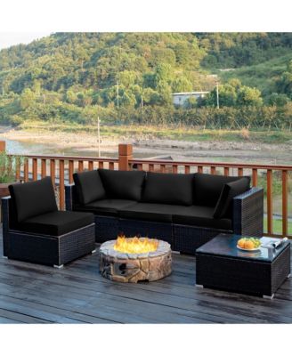 5PCS Patio Rattan Furniture Set Cushioned Sofa Chair Coffee Table