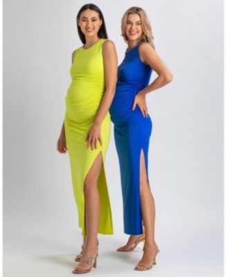 Maternity Sleeveless Side-Ruched Blossom Maxi Split Dress