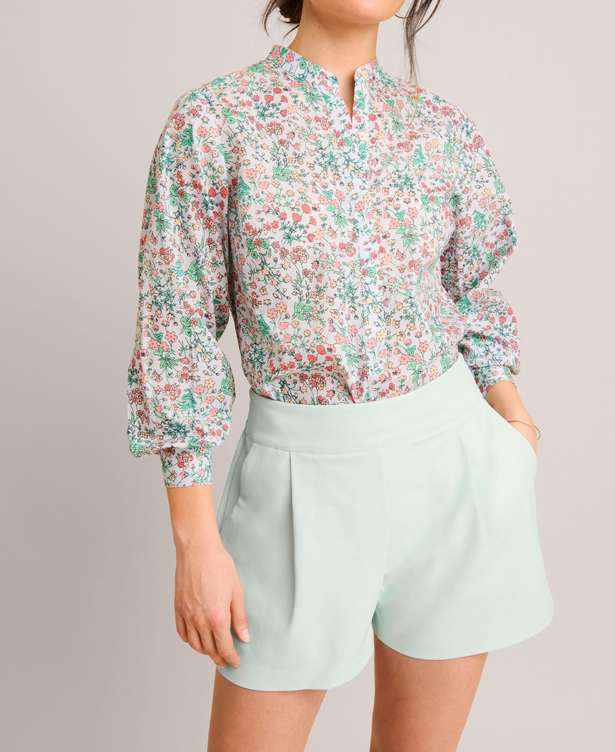 Women's Cotton Band Collar Hallie Shirt - Light blue
