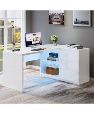 L-Shaped Executive Office Desk, Computer Desk with 3 Drawers, Modern Corner Home Office Executive Desk with LED Lights and 2 Storage Shelves for Work Study Writing