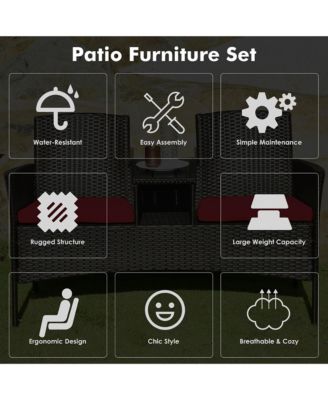 Patio Rattan Loveseat Sofa Cushioned Coffee Table