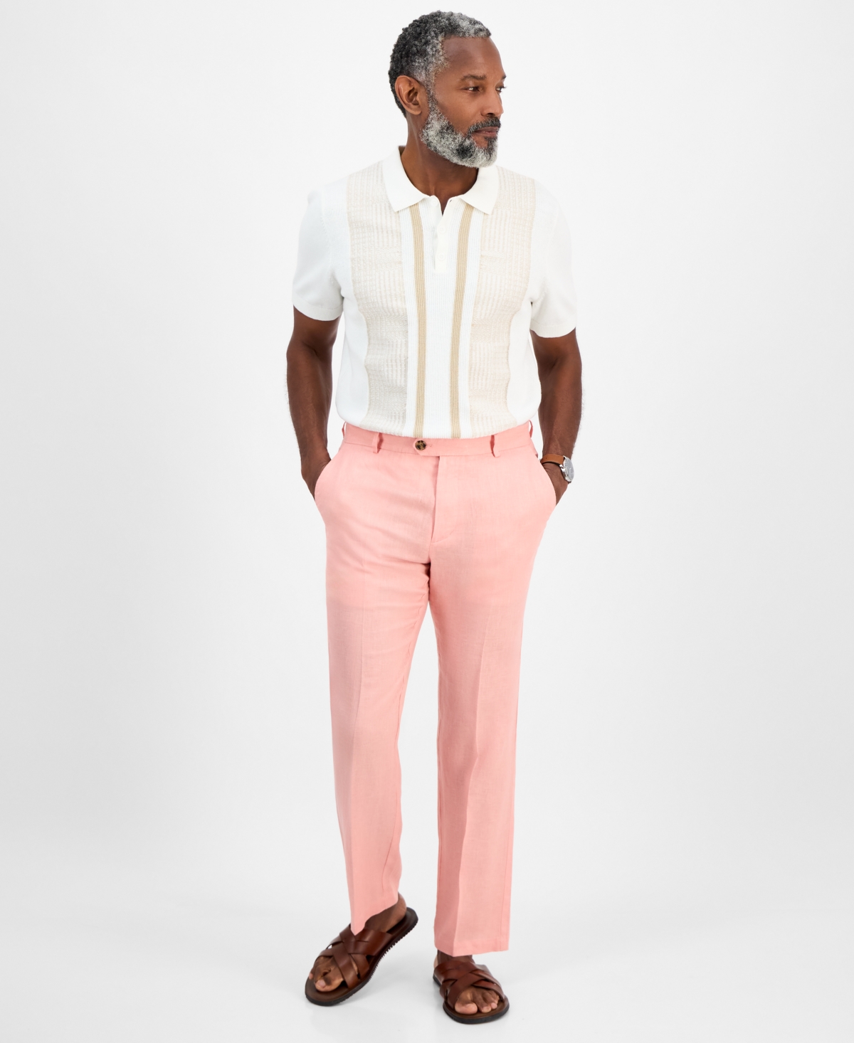 Men's Linen Solid Pants, Created for Macy's - White Pure