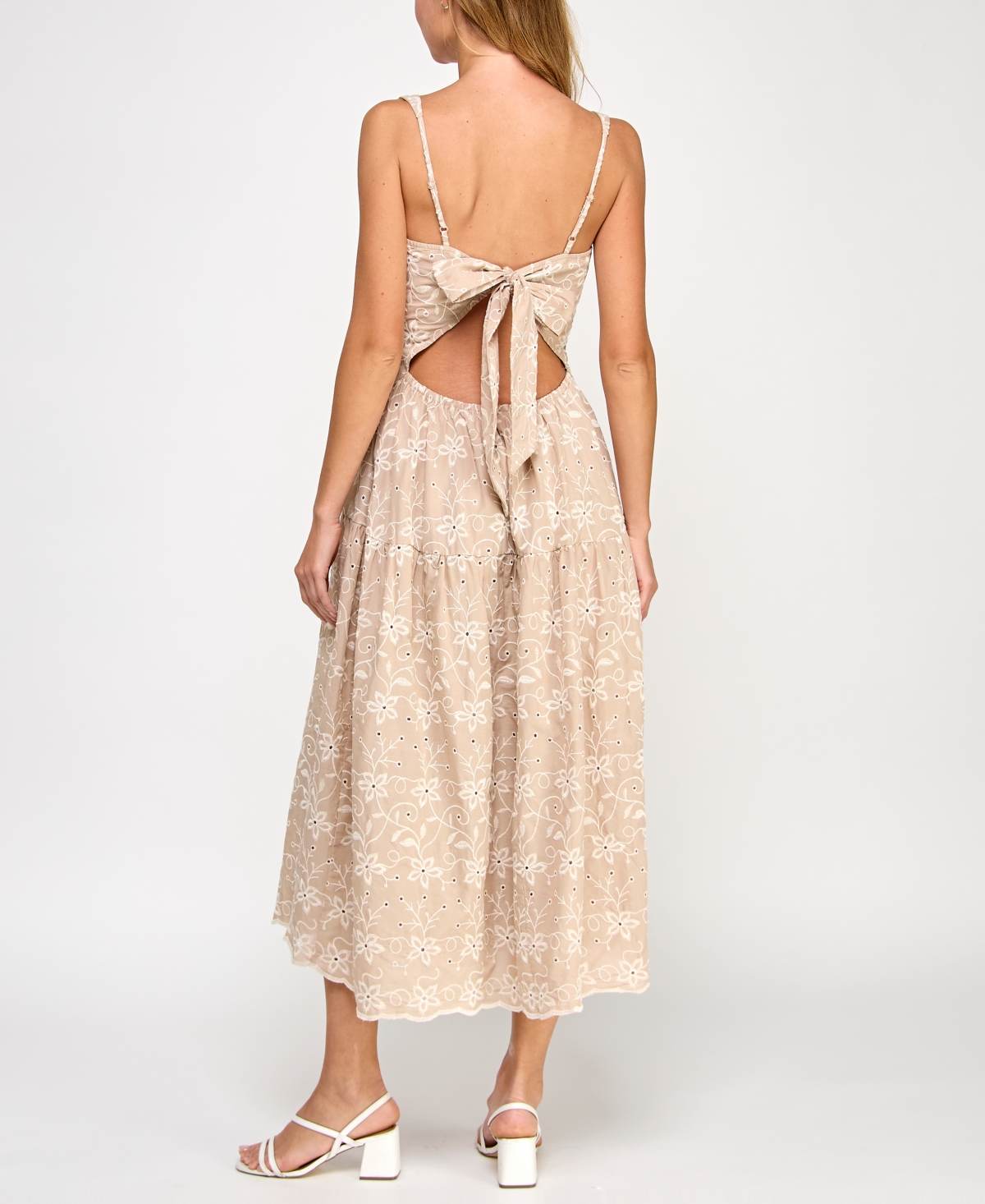 Row A Juniors' Eyelet-embroidered Tiered Tie-back Dress In Neutral