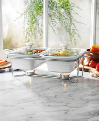 White Rectangle Double Porcelain Baker With Stand