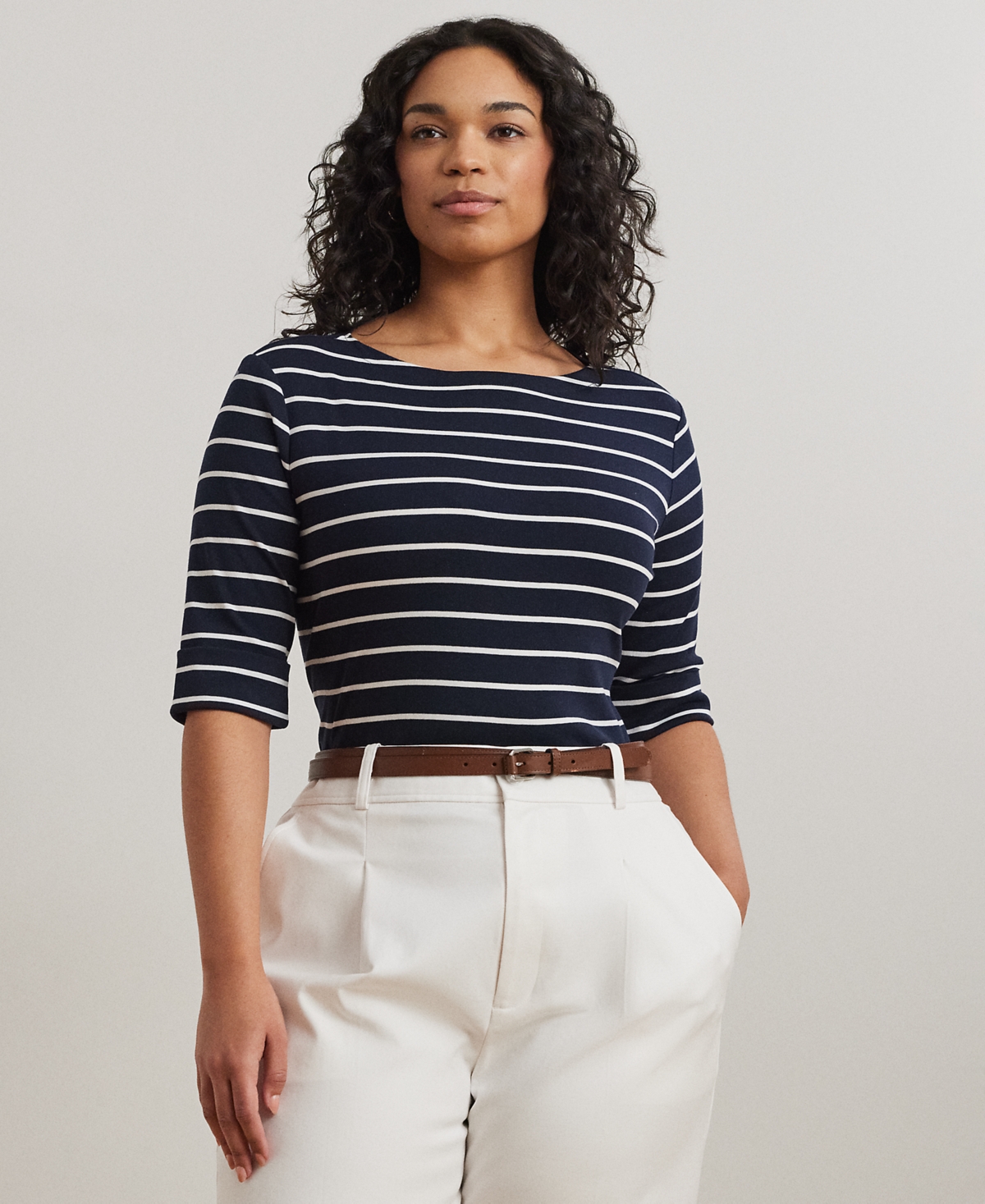 Plus Size Striped Cotton Boatneck T-Shirt - Lauren Navy/White