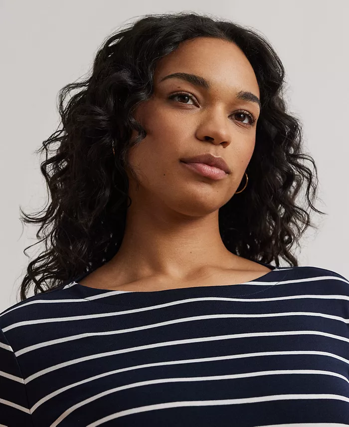 Plus Size Striped Cotton Boatneck T-Shirt - thumbnail 4