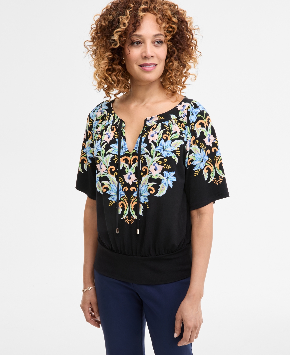 Women's Printed Split-Neck Elbow-Sleeve Top, Exclusively at Macy's - Deep Black Combo