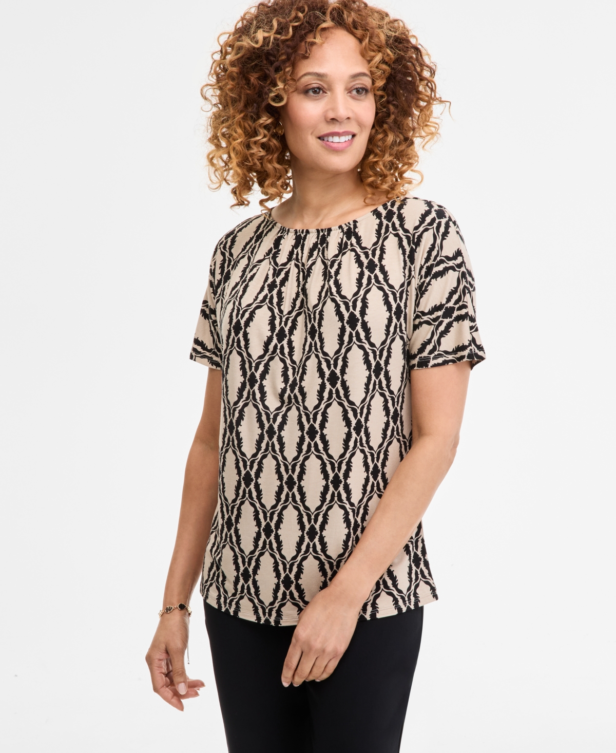 Women's Printed Scoop-Neck Short-Sleeve Top, Exclusively at Macy's - Stone Combo