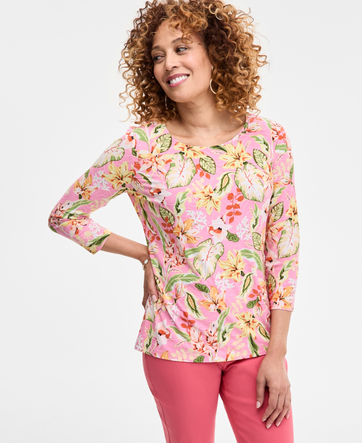 Women's Printed 3/4 Sleeve Scoop-Neck Jacquard Top, Exclusively at Macy's - Peony Twinkle Combo