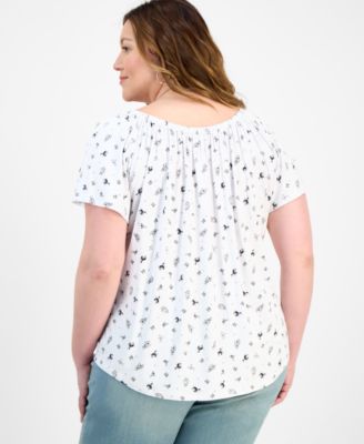 売れ筋商品|||スタイルアンドコー カットソー トップス レディース Plus Size Printed Scoop-Neck Shirred Top, Exclusively at Macy's Bright White Combo Style & Co Plus Size Printed Scoop-Neck Shirred Top