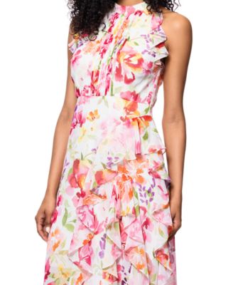 Women's Floral Print Ruffled Sleeveless Gown