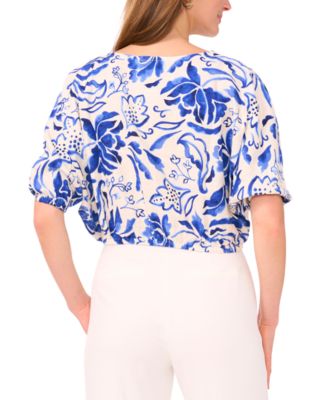 Petite Printed Boat-Neck Elbow-Sleeve Top