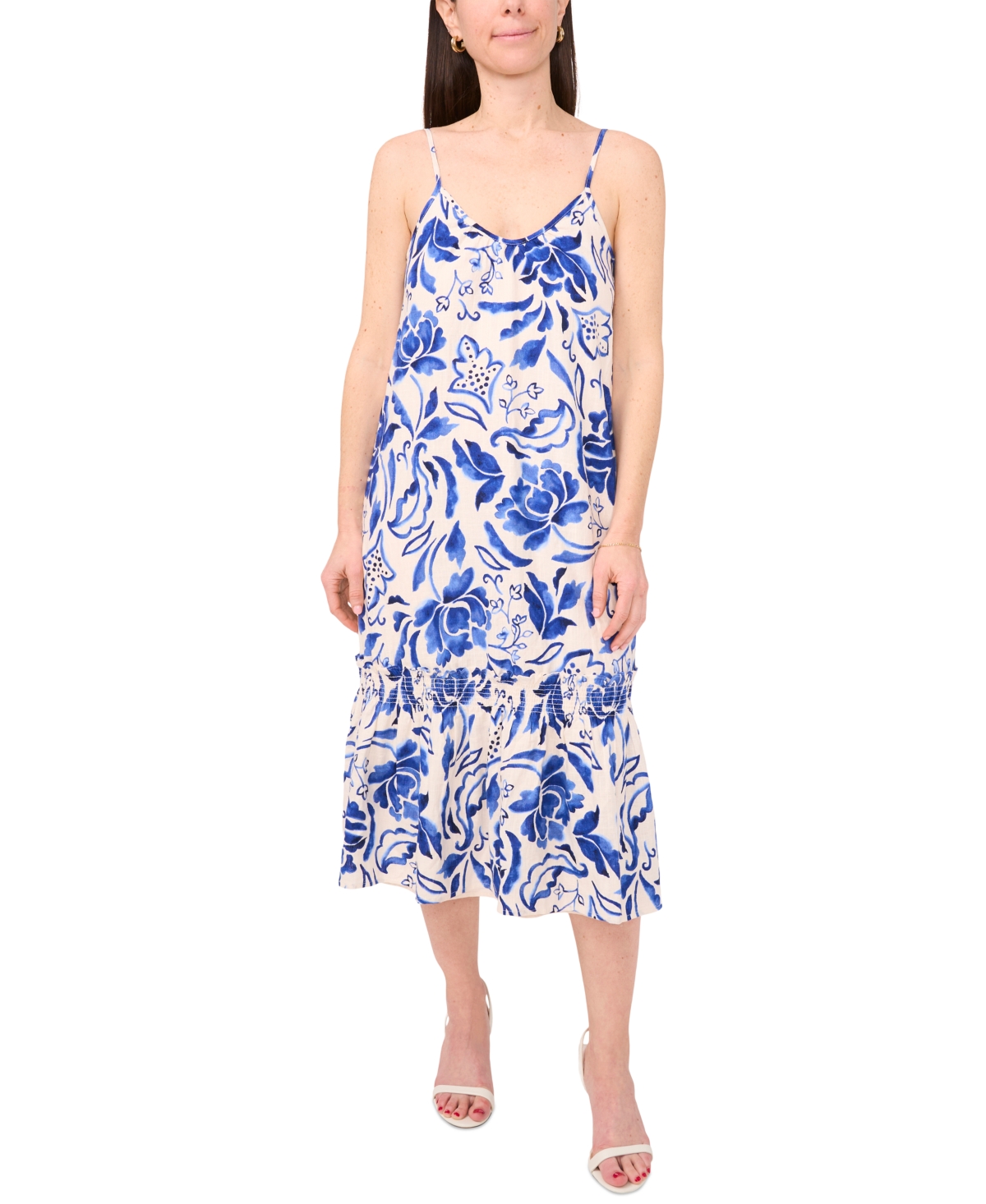Petite Printed V-Neck Sleeveless Dress - Ivory Blue