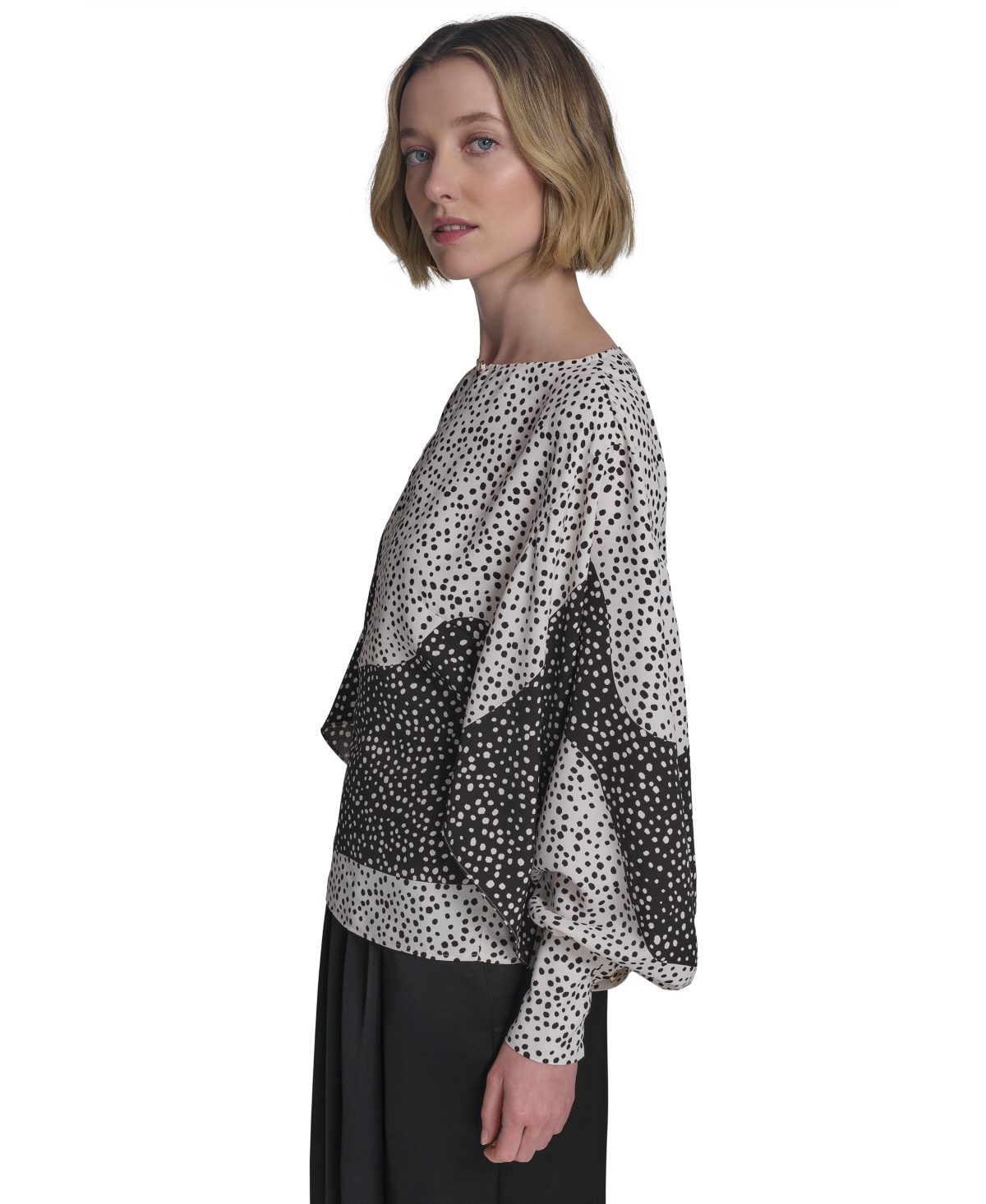 HALSTON WOMEN'S PRINTED BOAT-NECK BLOUSON-SLEEVE TOP 