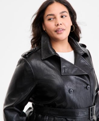 Plus Size Double-Breasted Faux-Leather Belted Trench Coat