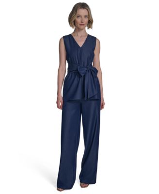 Womens Denim Like Tie Waist Sleeveless Top Mid Rise Wide Leg Pants