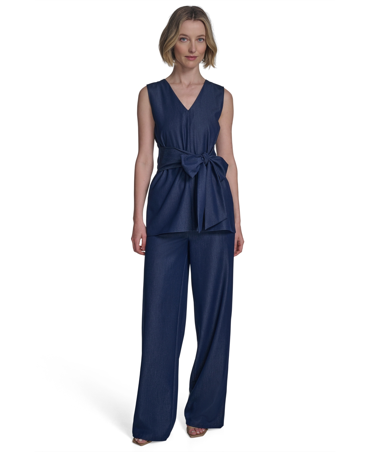 Shop Halston Women's Denim-like Tie-waist Sleeveless Top