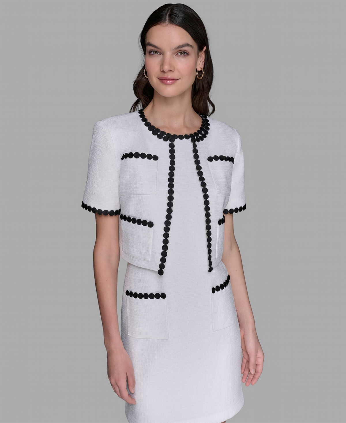 Karl Lagerfeld Women's Contrast-trim Short-sleeve Jacket In White